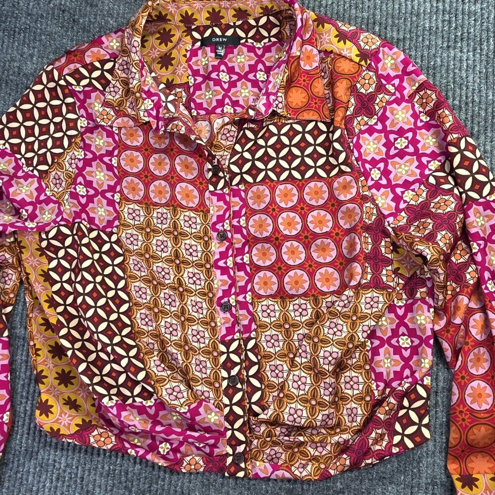 Anthropologie DREW Shirt Women M Pink Cropped Floral Boho Patchwork Artsy Retro - Picture 2 of 12